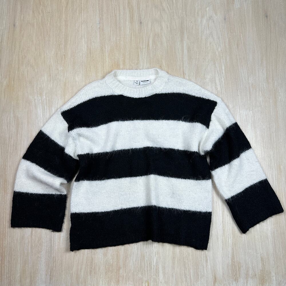 Noisy May Oversized Striped Sweater Black White Scandinavian Crew Fuzzy Knit XS
